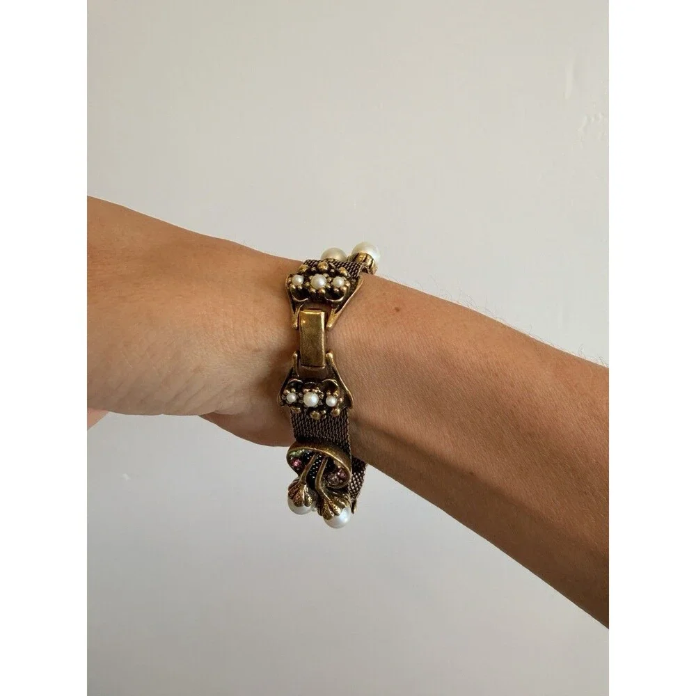 Vintage 1940s Multi-colored Diamante And Pearl Mesh Bracelet